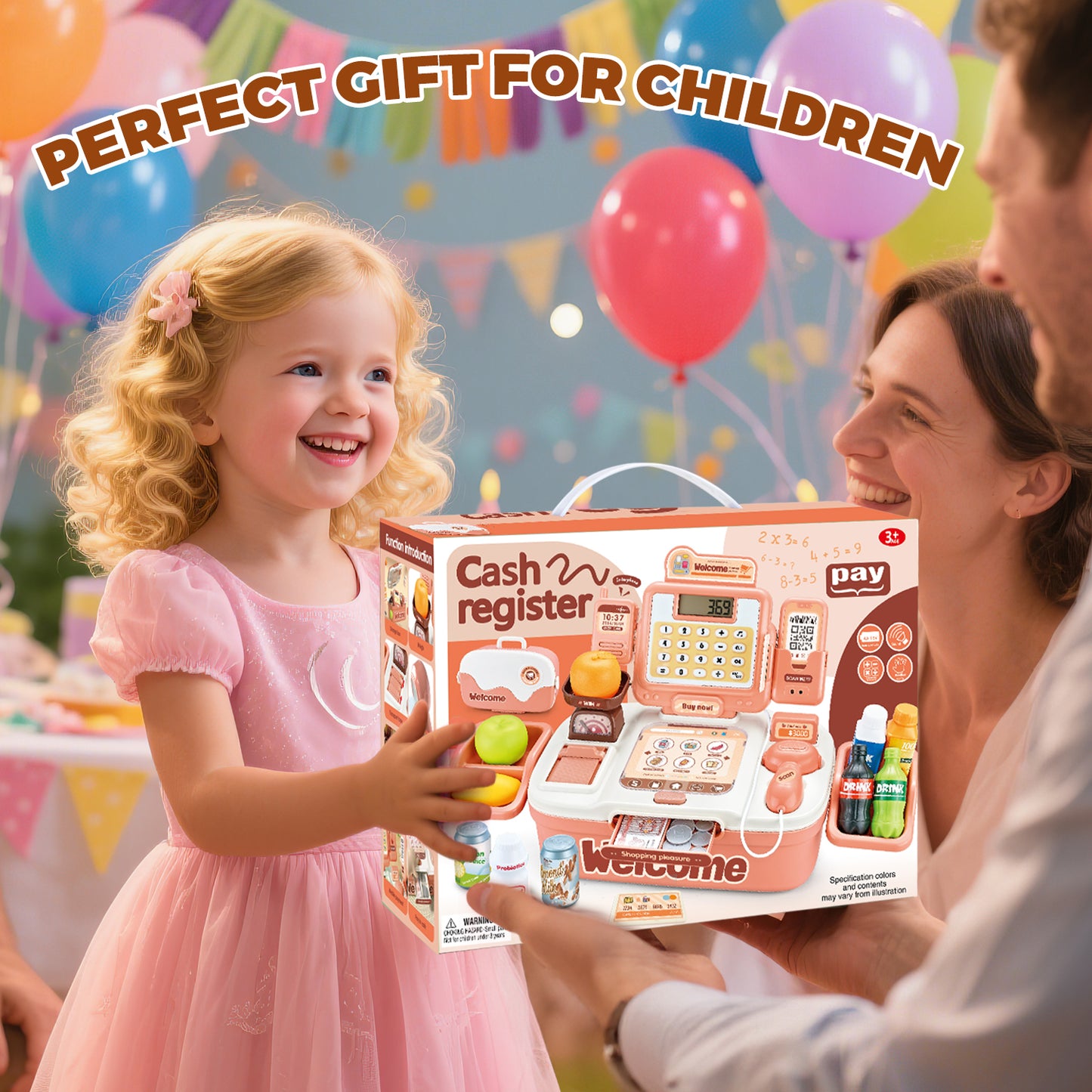 UUSUOO 42Pcs Cash Register for Kids,Toddlers Toys Cash Register with Sound Scanner,Light,Play Food & Money,Pretend Play Toys for Boys Girls,Christmas Birthday Gift for Toddlers 3 4 5 6 +,Pink