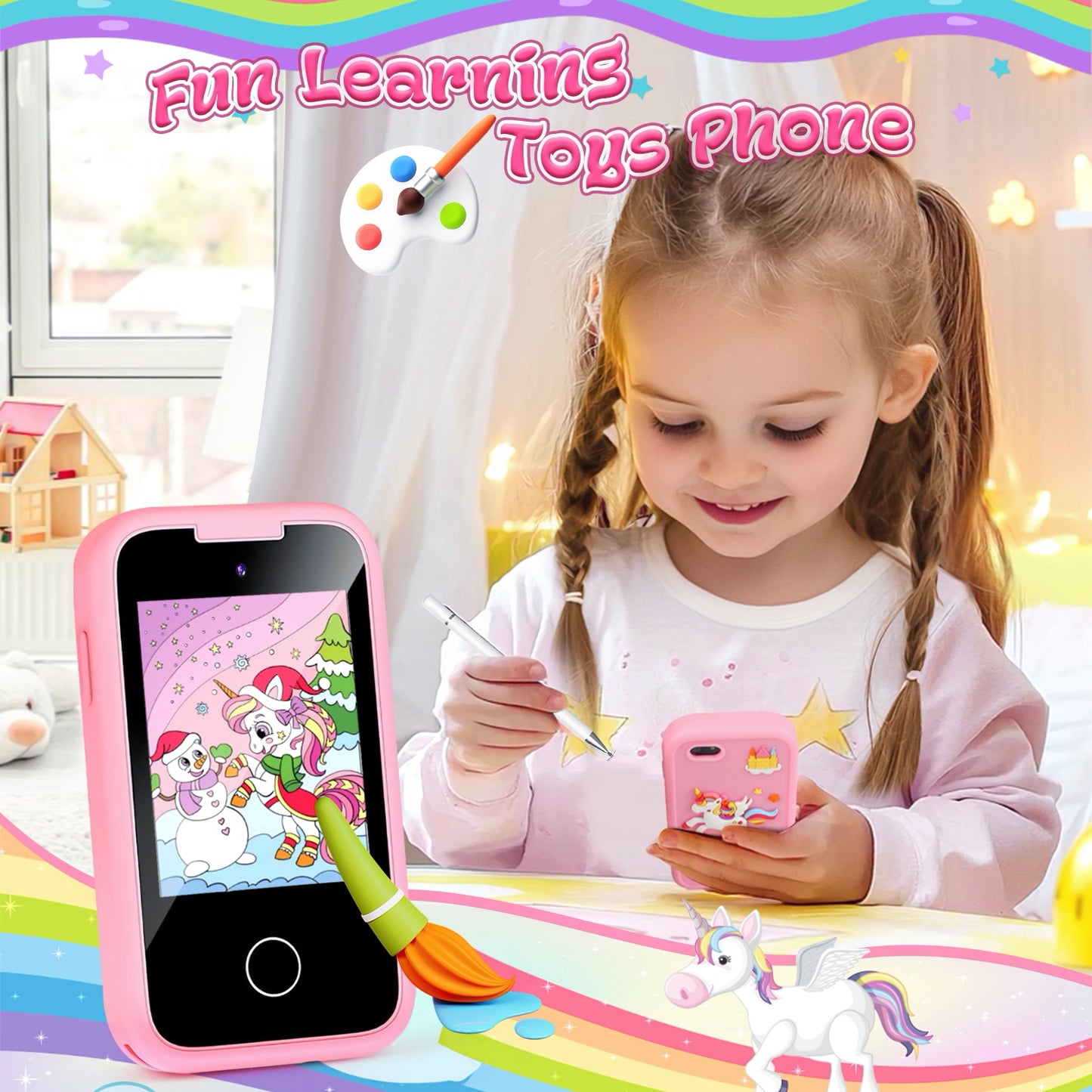 UUSUOO Kids Smart Phone for Girls Kids Toys,2.8" Touchscreen Toddler Phone Toys W/ 8G SD Card, Dual Camera, Music Player,Unicorn Toys Christmas Birthday Gifts for Boys Girls 3-12,Pink