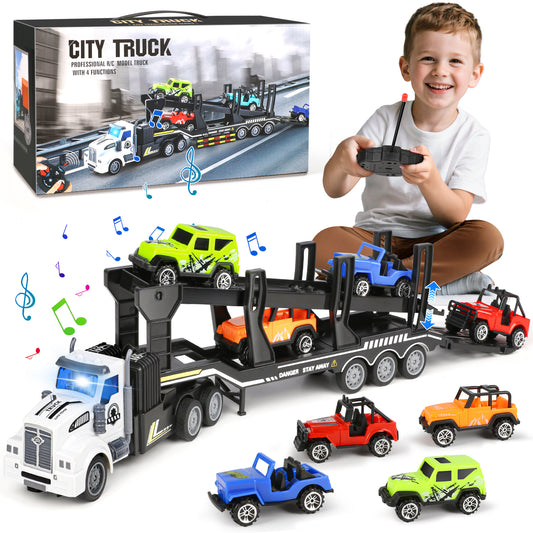 UUSUOO Truck Toys for Boys 3-6 Years,14" 1:48 Toddler Trucks Semi Truck Trailer Toys with 4 Cars,Transport Car Carrier Truck Toys with Lights & Sounds,Cars Toys Gift for Age 3 4 5 6+ Years Old Kids