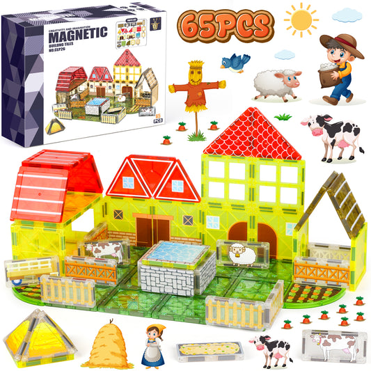 UUSUOO 65Pcs Magnetic Tiles Farm Animals Toddler Toys,STEM Magnetic Building Blocks for Kids Ages 4-8,Preschool Montessori Sensory Toys,Christmas Birthday Gifts for Kids