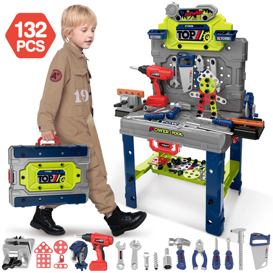 UUSUOO 2-In-1 Kids Tool Bench,132Pcs Kids Tool Set with Realistic Tools and Electric Drill,Foldable Pretend Play Workbench Construction Building Toys,Christmas Toys Gift for Boys Girls 4 5 6+