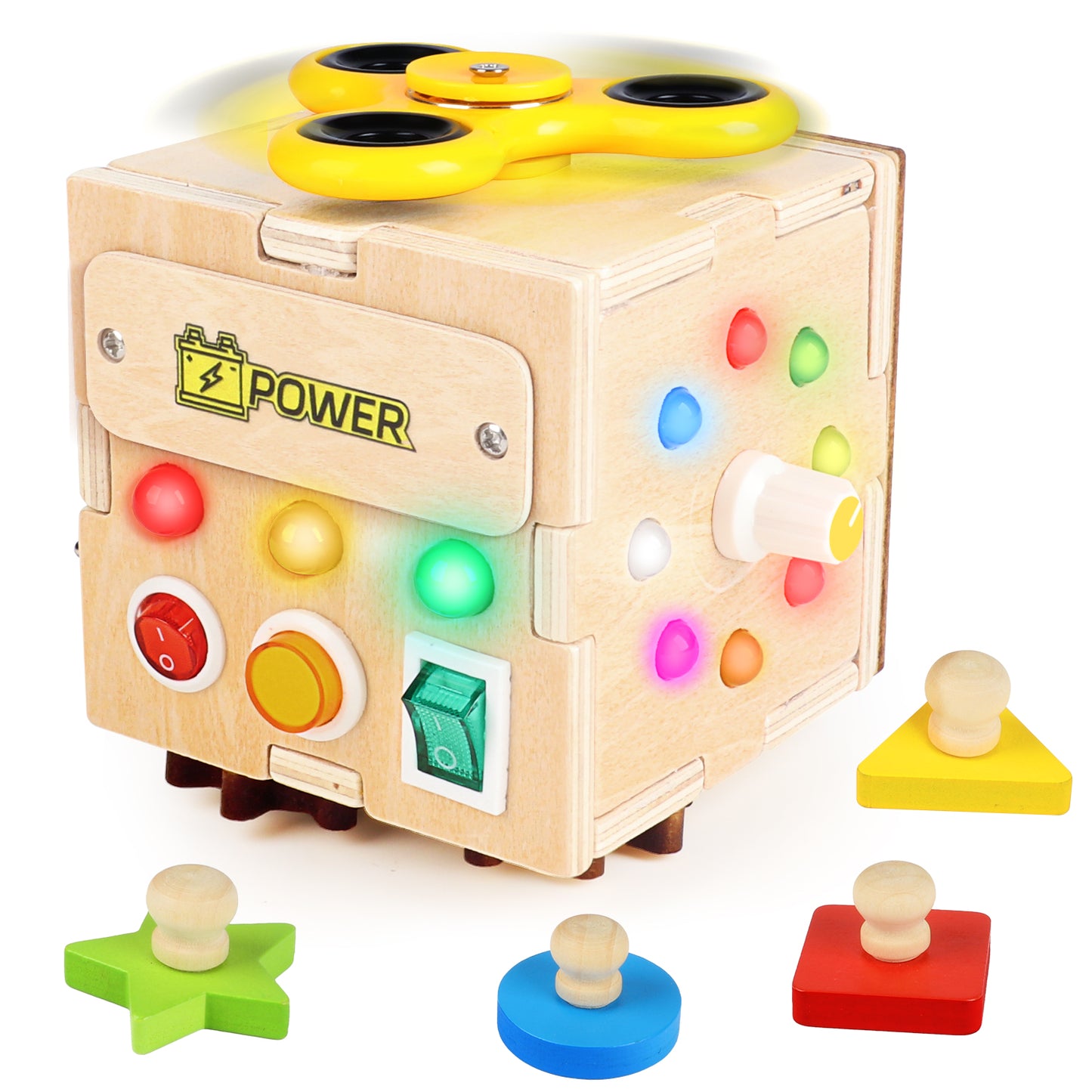 UUSUOO Busy Board with Led Light,Wooden Sensory Toys for Toddlers Boys Ages 1 2 3 Years Old, Educational Wooden Activity Cube,Travel Toys for 2 3 4 + Year Old Boys & Girls Birthday Gift