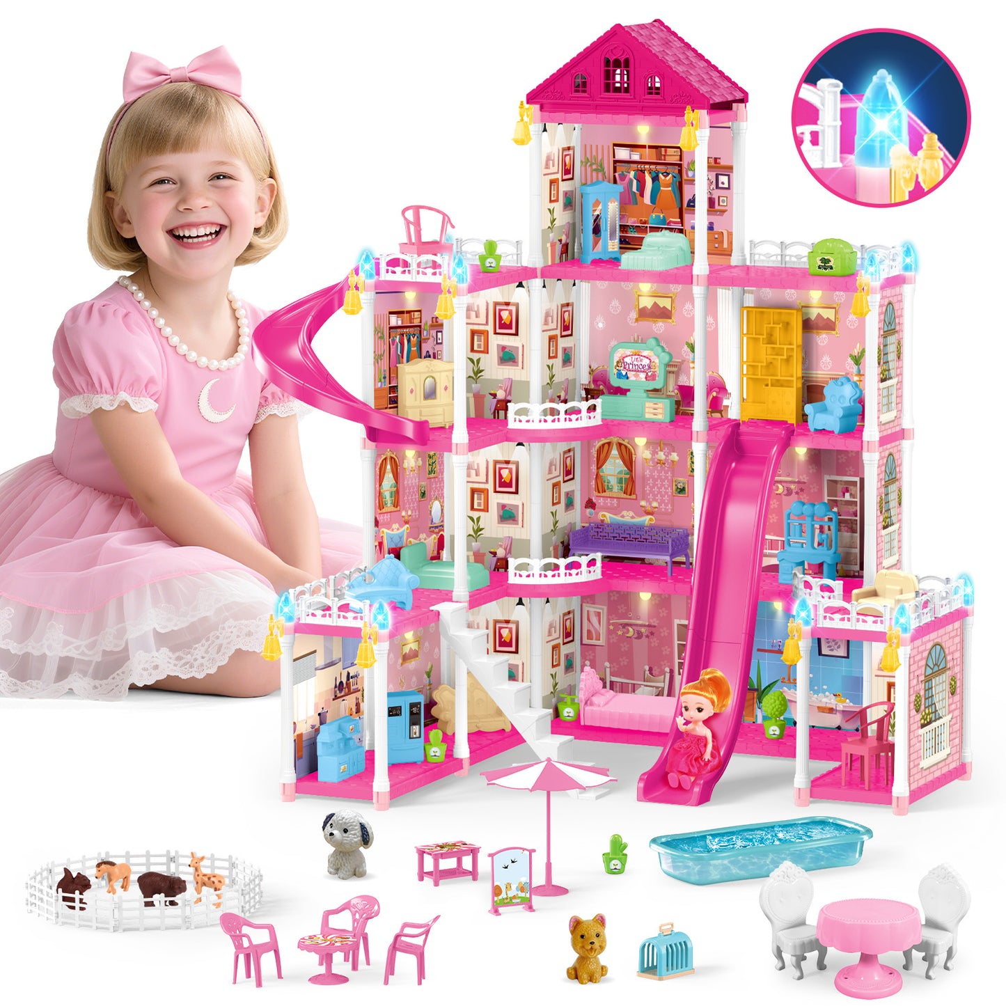UUSUOO Doll House for Girls Toys,4 Stories 12 Rooms DIY Dollhouse Play Set with LED Lights Furniture and Accessories,Christmas Birthday Gifts for Girls Age 3 4 5 6 +