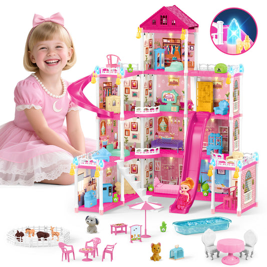 UUSUOO Doll House for Girls Toys,4 Stories 12 Rooms DIY Dollhouse Play Set with LED Lights Furniture and Accessories,Christmas Birthday Gifts for Girls Age 3 4 5 6 +