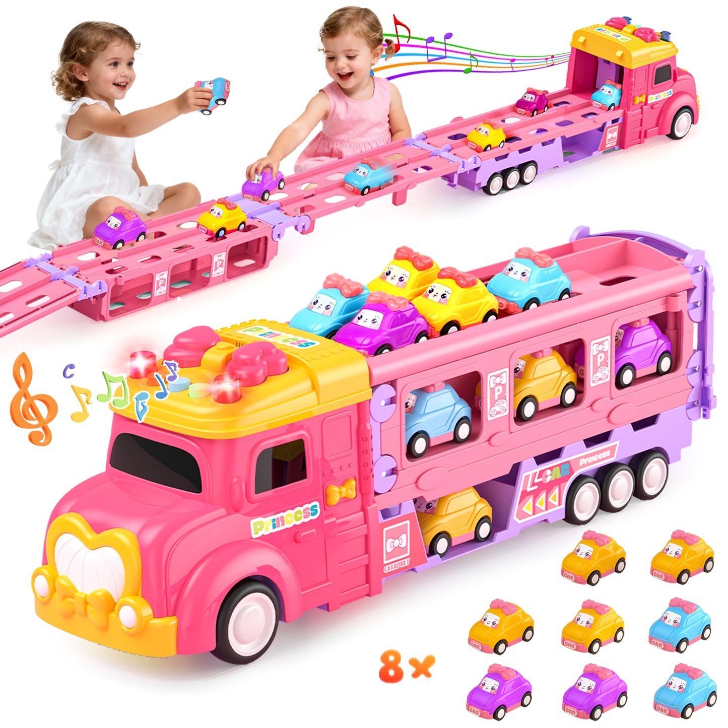 UUSUOO Truck Toys for Girls,9 IN 1 Pink Princess Toys Carrier Truck Race Track Toys for Kids,Foldable Transport Truck with Lights & Music,Christmas Birthday Toys Gift for Girls 3 4 5 6+