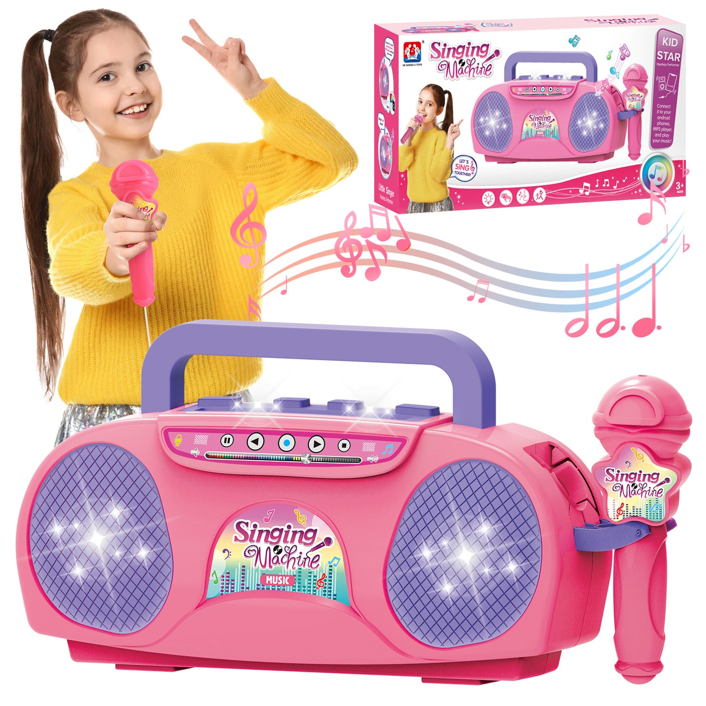 UUSUOO Karaoke Microphone For Kids Girls,Kids Music Player With Microphone, Kids Microphone Girls Toys,Singing Machine Karaoke Toys,Christmas Birthday Gifts for 3 4 5 6 7 8 Years Old Girls Boys,Pink