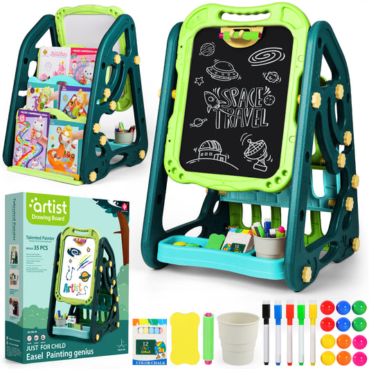 UUSUOO 3 in 1 Easel for Toddlers 3-6,Double Sided Kids Art Easel with Magnetic White Board & Chalk Board,Adjustable Standing Toddler Easel with Art Accessories,Christmas Gift for Kids Ages 3+,Green