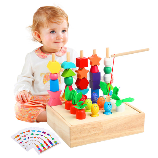 UUSUOO Montessori Toys for 1 Year Old,Montessori Wooden Beads Sequencing Toy Set with Fishing & Carrot Game,Shape Sorting Toys for Toddlers 1-3,Montessori Wooden Educational Toys Gifts for Kids