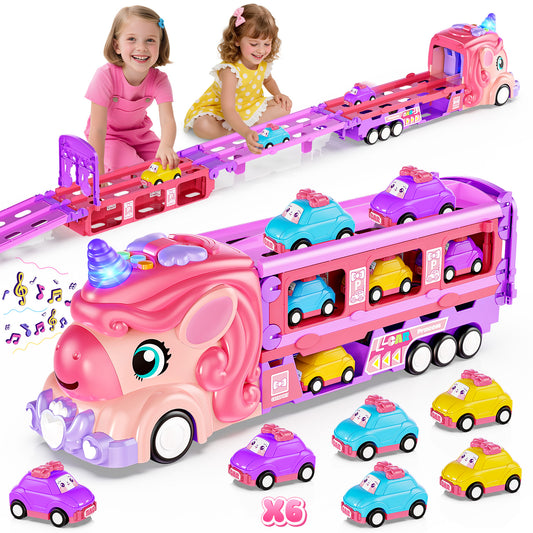UUSUOO Unicorn Truck Toys for 3 -6 Years Old,7-In-1 Pink Unicorn Foldable Transport Carrier Truck with Lights and Music W/6 Princess Cars,Birthday Gifts for 3 4 5 6 + Years Old Boys Girls