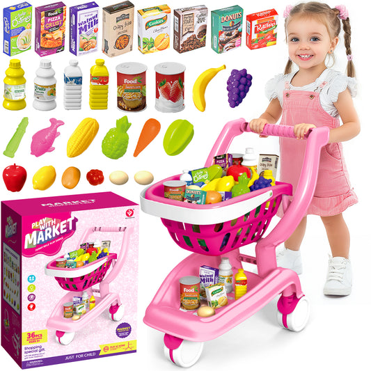 UUSUOO Kids Shopping Cart,36Pcs Toddler Shopping Cart with Play Food Fruit Vegetable and Shop Accessories,Pretend Play Grocery Store Toys for Boys Girls 3-6 ,Pink