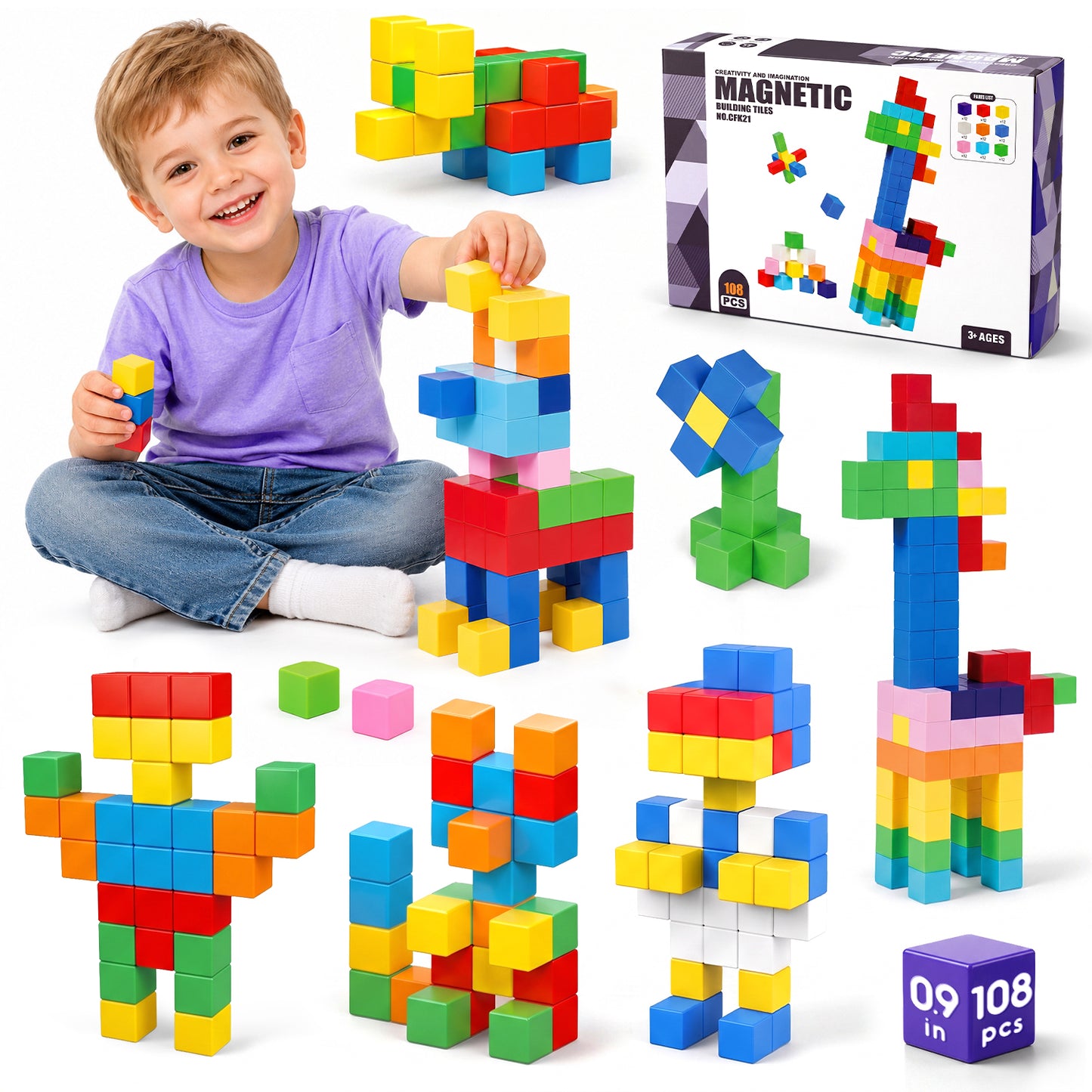 UUSUOO 108PCS Magnetic Blocks,0.9 Inch Magnetic Building Blocks for Kids Ages 4-8, 3D Magnet Cubes,Preschool STEM Educational Sensory Magnet Toys,Birthday Gifts for Kids 3-8