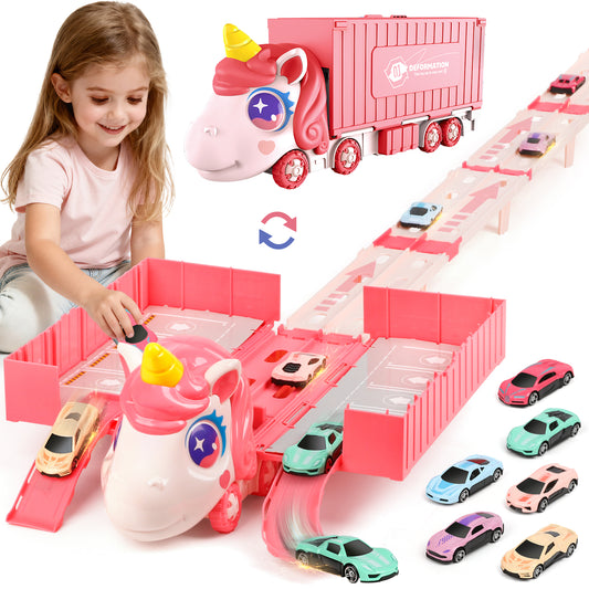 UUSUOO Toy Trucks for Boys Girls 3-6 Years,Pink Unicorn Foldable Transport Carrier Truck W/6 Race Cars,Christmas Birthday Gifts for 3 4 5 6 + Years Old Boys Girls