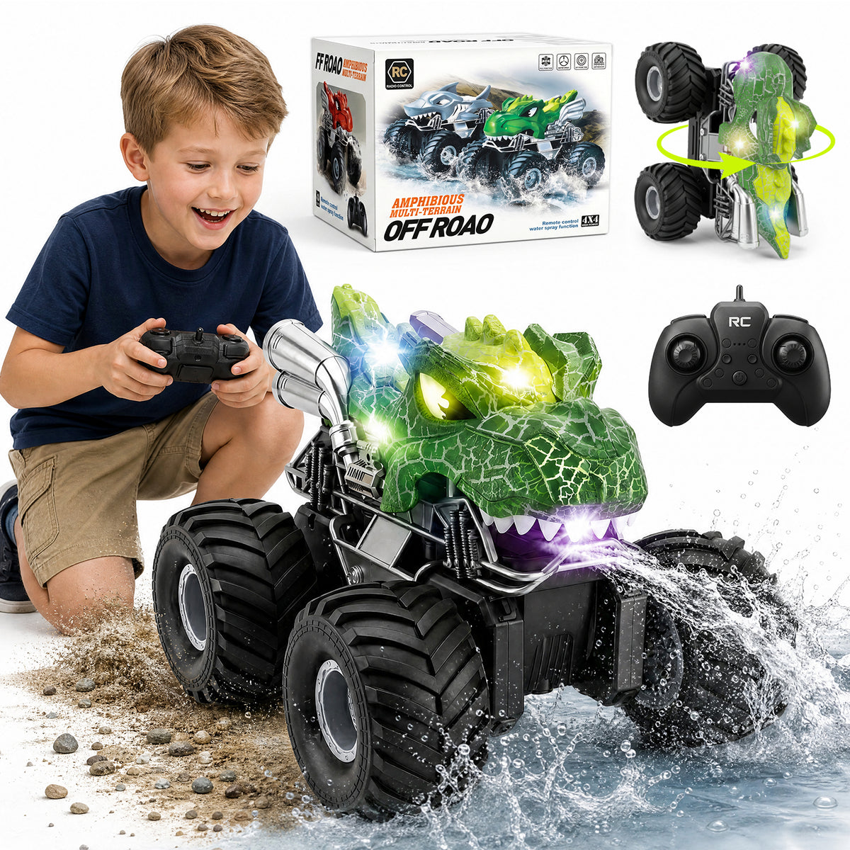 UUSUOO Dinosaur Remote Control Car,Waterproof Monster Truck Toys with Spray Water & Lights, 2.4GHz All-Terrain RC Truck Toys for Boys 4-7, Christmas Birthday Gifts for Boys Girls 3+
