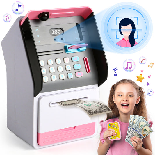 UUSUOO Electronic Piggy Bank for Kids,Mini ATM Bank for Kids with Password + Face Recognition,Auto Roll-in Cash Safe & Coin Saving Bank for Girls,Kids Piggy Bank Christmas Birthday Gifts for Kids 3+