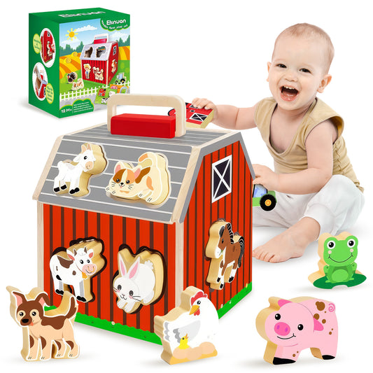 UUSUOO Farm Animals Big Barn Toys,Toddler Montessori Learning Toy for 1 Year Old,Wooden Barn Play Set with Animal Figures and DIY Stickers,Christmas Birthday Gifts for Toddlers 1-3