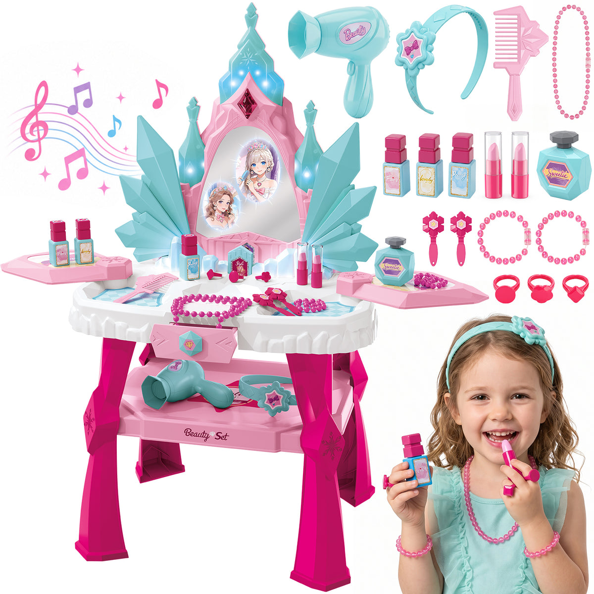 UUSUOO Kids Vanity Sets for Girls, Toddler Vanity Makeup Table with Mirror, Lights and Music, Kids Pretend Play Princess Toys, Birthday Gifts for Little Girls Ages 3-6
