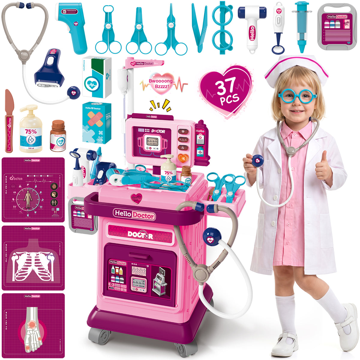 UUSUOO Doctor Kit for Toddlers 3-5,37Pcs Pretend Play Medical Kit Toy,Toddler Medical Cart Toy with Realistic LED Lights & Sounds,Doctor Kit Christmas Toy Gifts for Kids 3-8,Pink