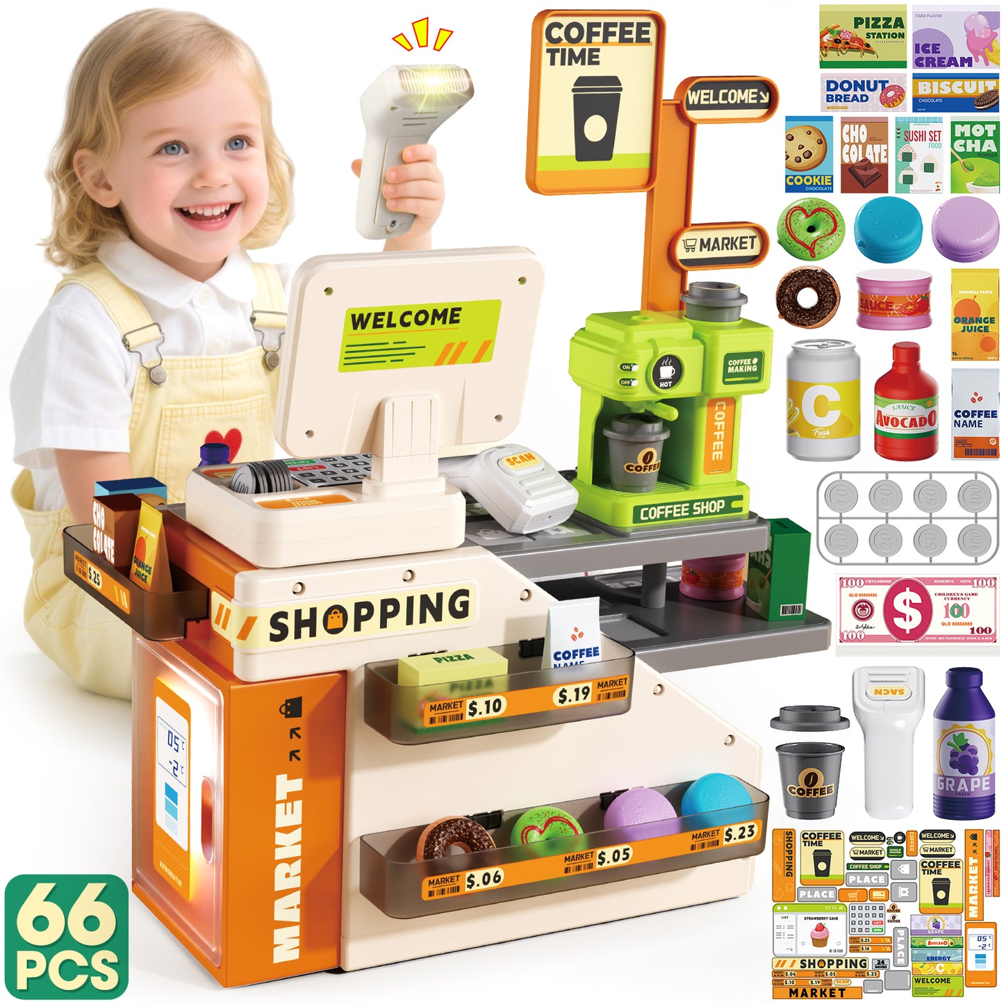 UUSUOO 66Pcs Cash Register for Kids,Pretend Play Grocery Store Set,Kids Cash Register with Scanner,Coffee Machine,Play Food & Money,Christmas Birthday Gift for Boys Girls 3 4 5 6 +