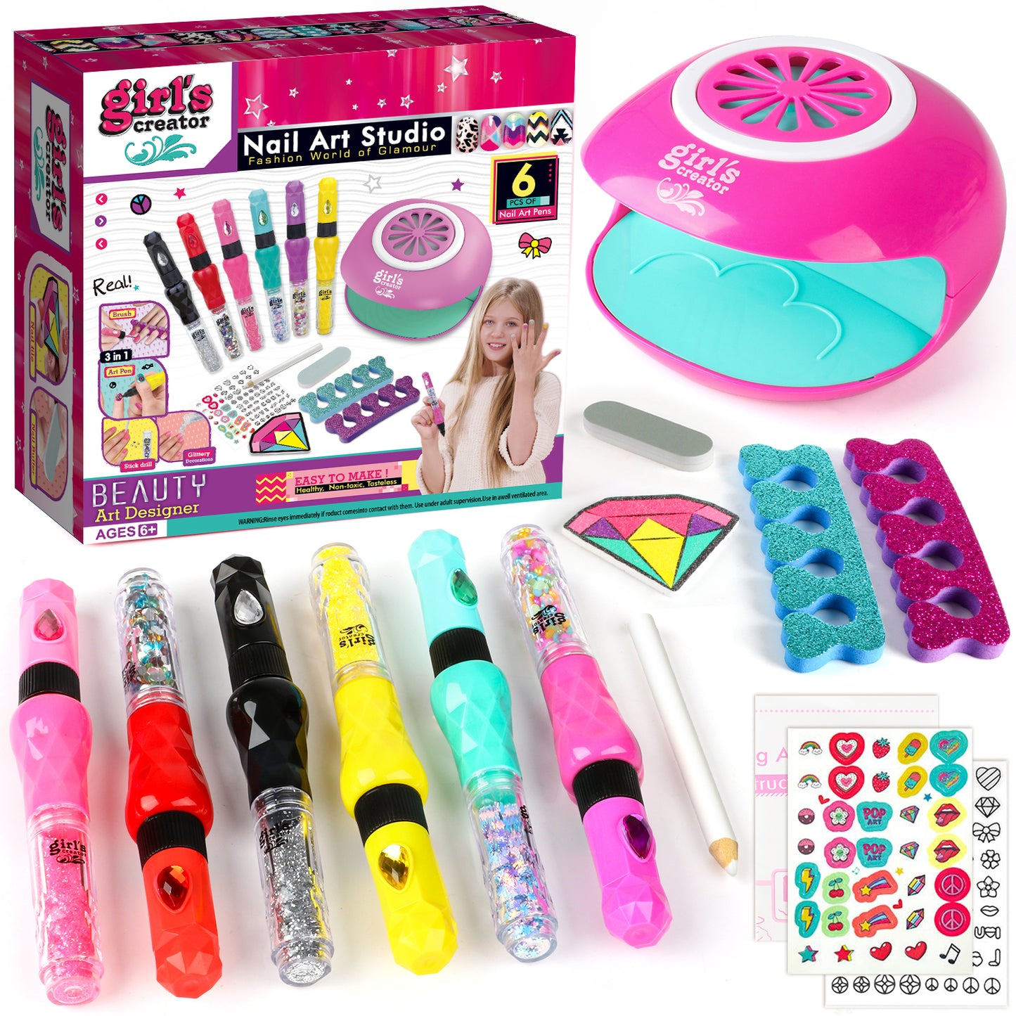 UUSUOO Kids Nail Polish Set for Girls, Nail Art Kit with 3-in-1 Nail Pen,Nail Dryer,Nail Polish, Nail Kit for Girls Ages 7-12, Kid Manicure Nails Kit Birthday Girl Gift age 3-12