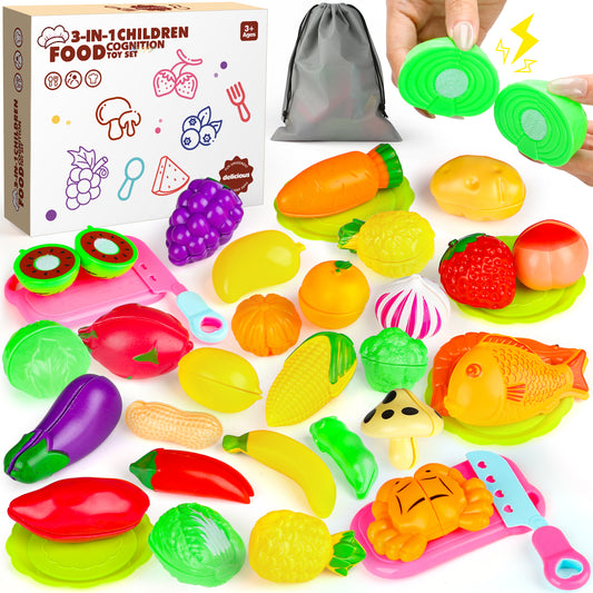 UUSUOO 3-in-1 Cutting Play Food Set,Pretend Play Kitchen Playset with Fake Food for Kids Toddlers,Pretend Food Toys,Play Kitchen Toys Accessories,Best Cooking Toys Christmas Gifts for Kids 3-6