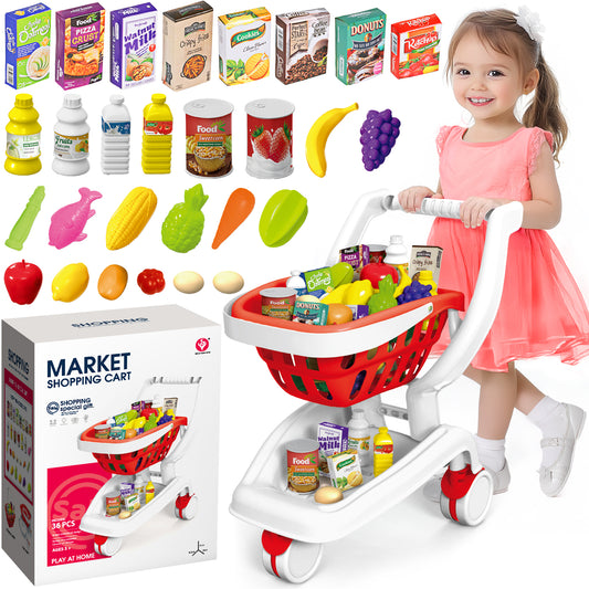 UUSUOO 36Pcs Shopping Cart for Kids,Toy Shopping Cart with Play Food Fruit Vegetable and Shop Accessories,Pretend Play Grocery Store Toys for Toddlers Age 3-6 ,Red