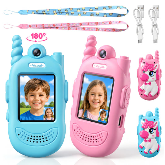 UUSUOO Video Walkie Talkies for Kids,Kids Walkie Talkies 2 Pack with 180° Rotating Camera,Indoor Outdoor Toys for Kids,Unicorn Toys Birthday Gifts for Kids Age 3-12 (Blue/Pink)