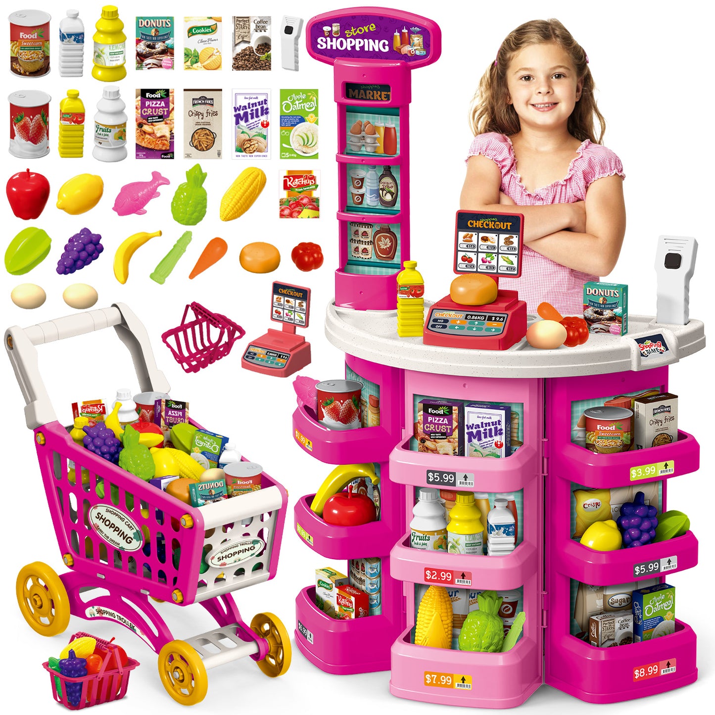UUSUOO Supermarket Playset for Kids with Shopping Cart,76PCS Pretend Play Toys,Pretend Play Grocery Store Set with Play Food,Cash Register,Christmas & Birthday Gift for Kids 3 4 5 6 +