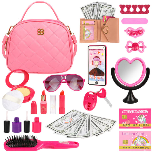 UUSUOO Play Purse Toy for Girls,34PCS Toddler Purse Set with Pretend Makeup for Little Girls,Princess Toys Includes Handbag,Phone,Wallet,Keys,Kids Purse Christmas Birthday Gift for Kids Girls