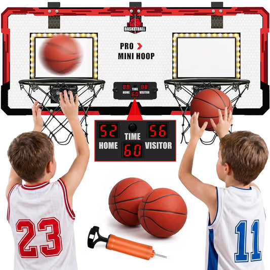 UUSUOO 2 Player Basketball Hoop for Kids,Indoor Basketball Hoop with Electronic Scoreboard,Sounds,LED Lights & 4 Balls,Basketball Toy Gift for Boys Girls Age 5 6 7 8 +