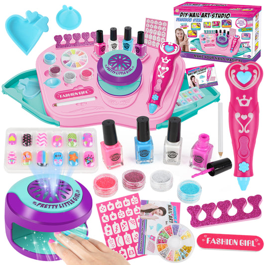 UUSUOO Kids Nail Polish Set for Girls,30Pcs Nail Art Kit with Storage Desk,Nail Dryer,Glitter Pen,Non Toxic Nail Polish,Nail Kit for Girls Ages 7-12,Girls Toys Christmas Birthday Gift for Girls 6-12