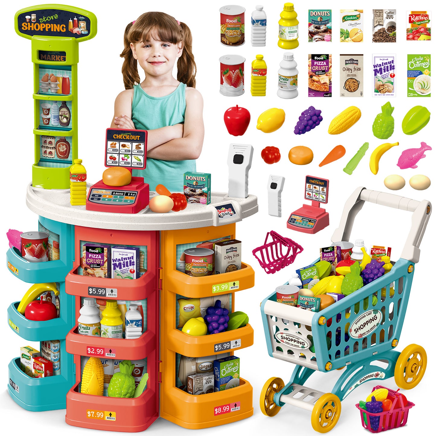 UUSUOO Supermarket Playset for Kids,Pretend Play Grocery Store Set with Kids Shopping Cart,76PCS Pretend Play Toys with Play Food, Cash Register,Christmas Birthday Gift for Kids 3 4 5 6 +