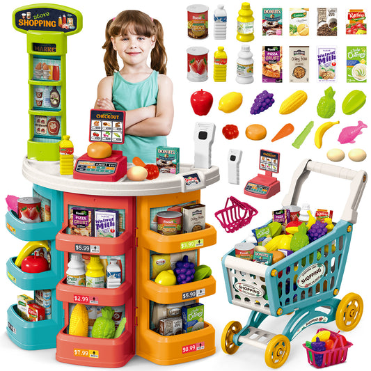 UUSUOO Supermarket Playset for Kids,Pretend Play Grocery Store Set with Kids Shopping Cart,76PCS Pretend Play Toys with Play Food, Cash Register,Christmas Birthday Gift for Kids 3 4 5 6 +
