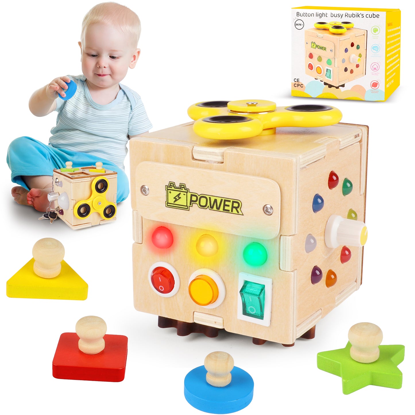 UUSUOO Busy Board with Led Light,Wooden Sensory Toys for Toddlers Boys Ages 1 2 3 Years Old, Educational Wooden Activity Cube,Travel Toys for 2 3 4 + Year Old Boys & Girls Birthday Gift