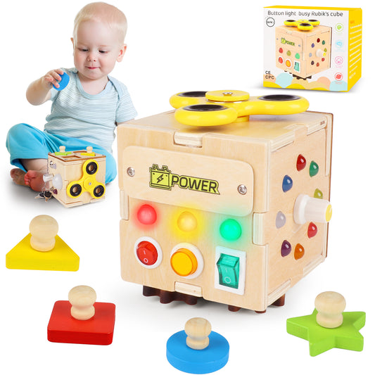 UUSUOO Busy Board with Led Light,Wooden Sensory Toys for Toddlers Boys Ages 1 2 3 Years Old, Educational Wooden Activity Cube,Travel Toys for 2 3 4 + Year Old Boys & Girls Birthday Gift