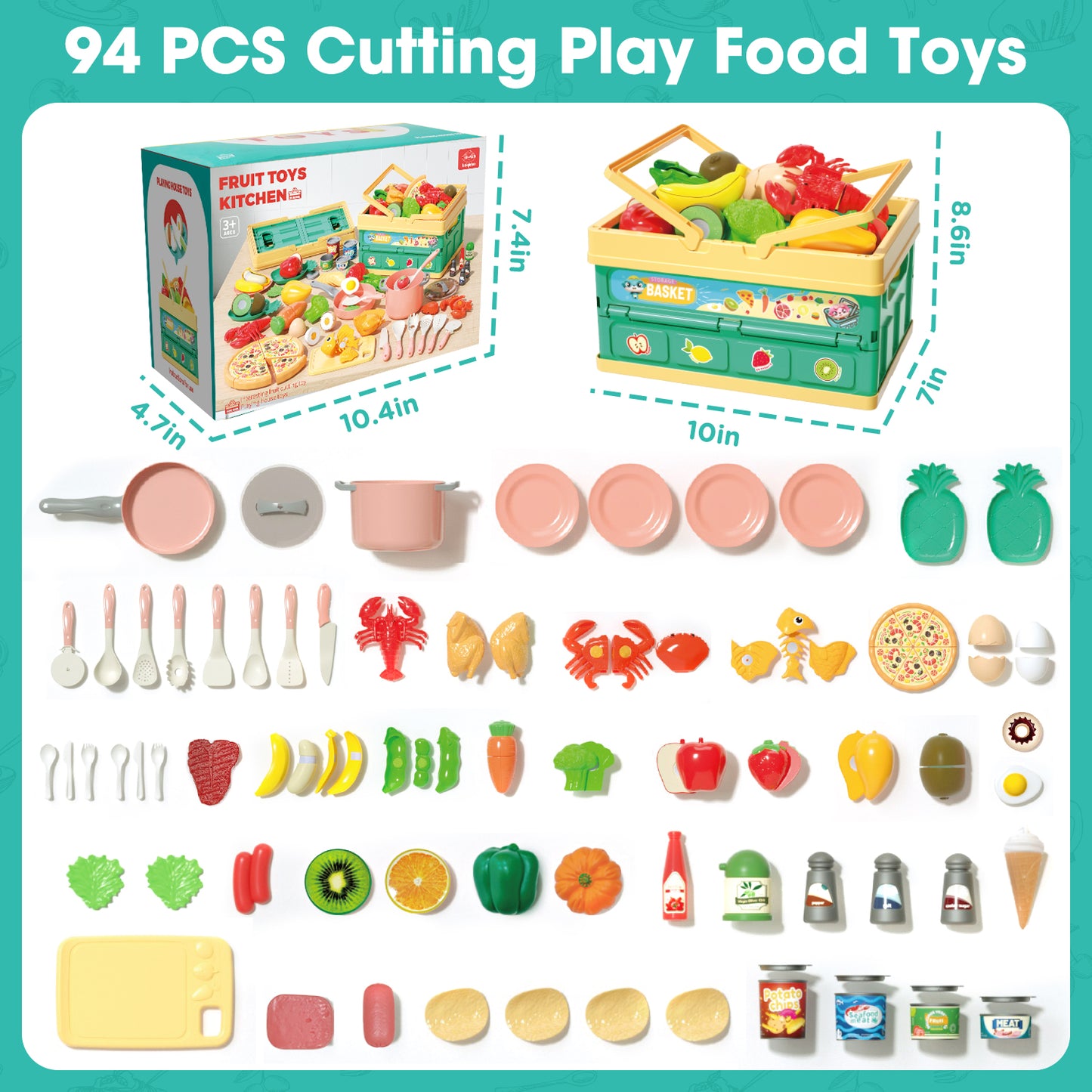 UUSUOO 94PCS Play Food Set for Kids Kitchen,Pretend Food Toys for Toddler,Play Kitchen Toys Accessories with Foldable Basket for Kids Ages 3-8,Best Cooking Toys Gifts for Christmas Birthday