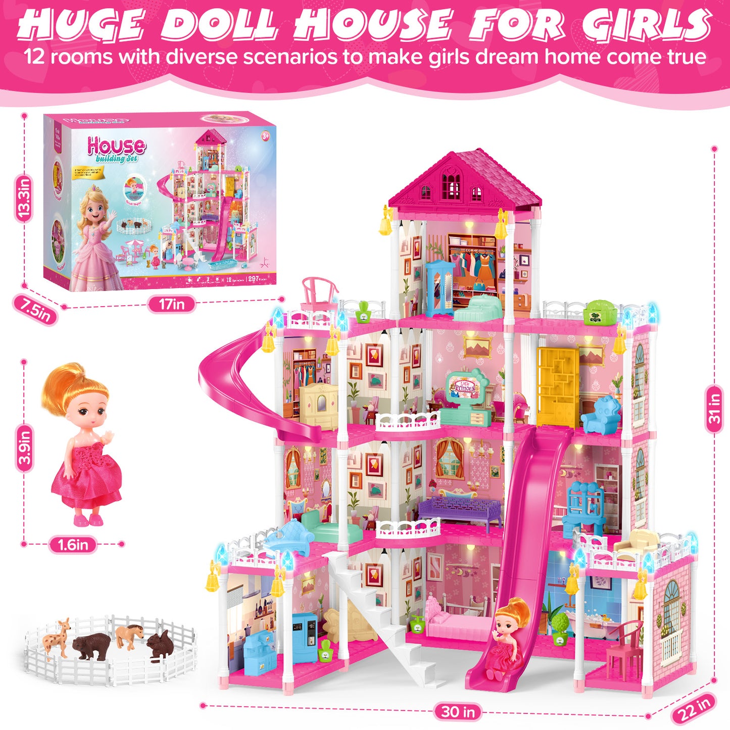 UUSUOO Doll House for Girls Toys,4 Stories 12 Rooms DIY Dollhouse Play Set with LED Lights Furniture and Accessories,Christmas Birthday Gifts for Girls Age 3 4 5 6 +
