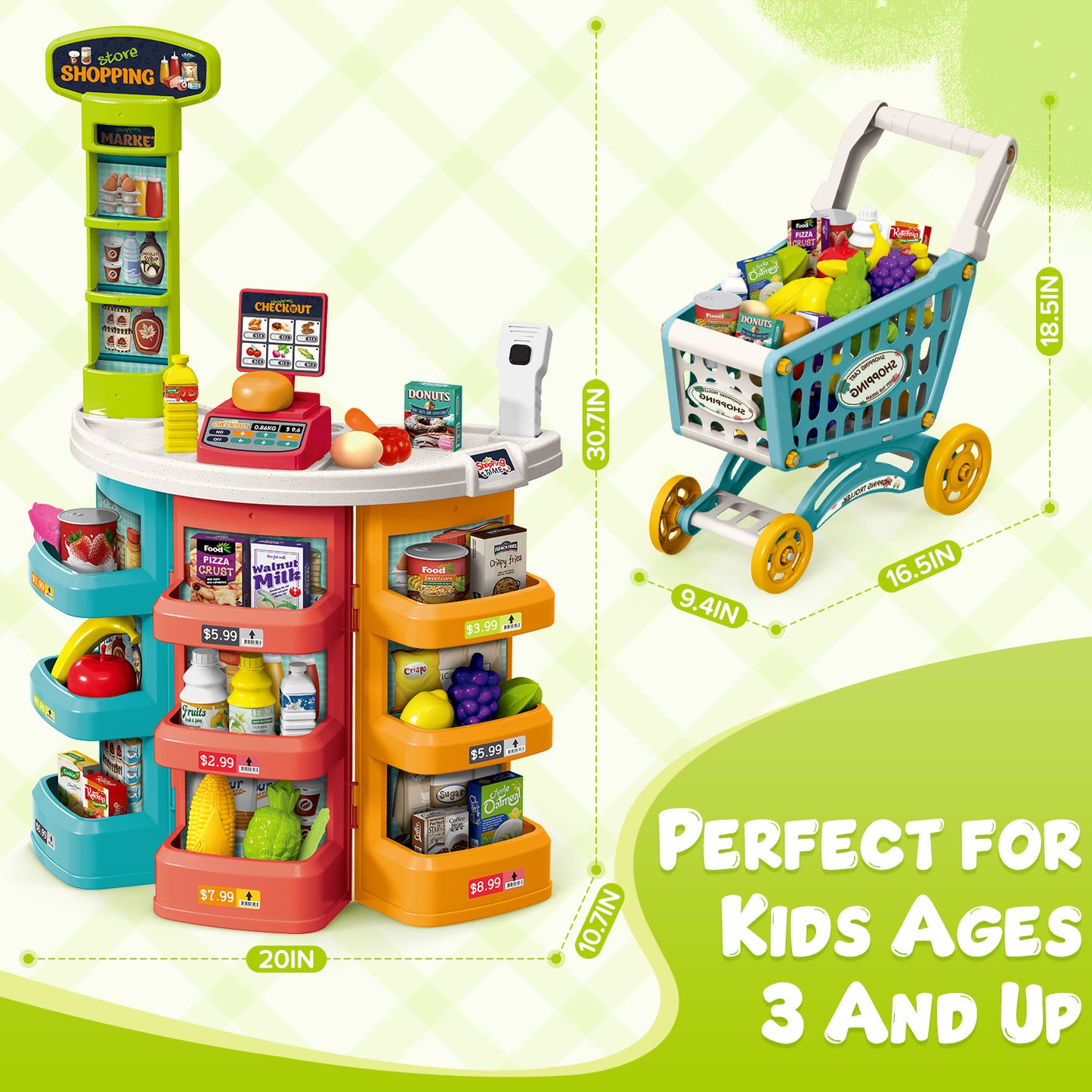 UUSUOO Supermarket Playset for Kids,Pretend Play Grocery Store Set with Kids Shopping Cart,76PCS Pretend Play Toys with Play Food, Cash Register,Christmas Birthday Gift for Kids 3 4 5 6 +