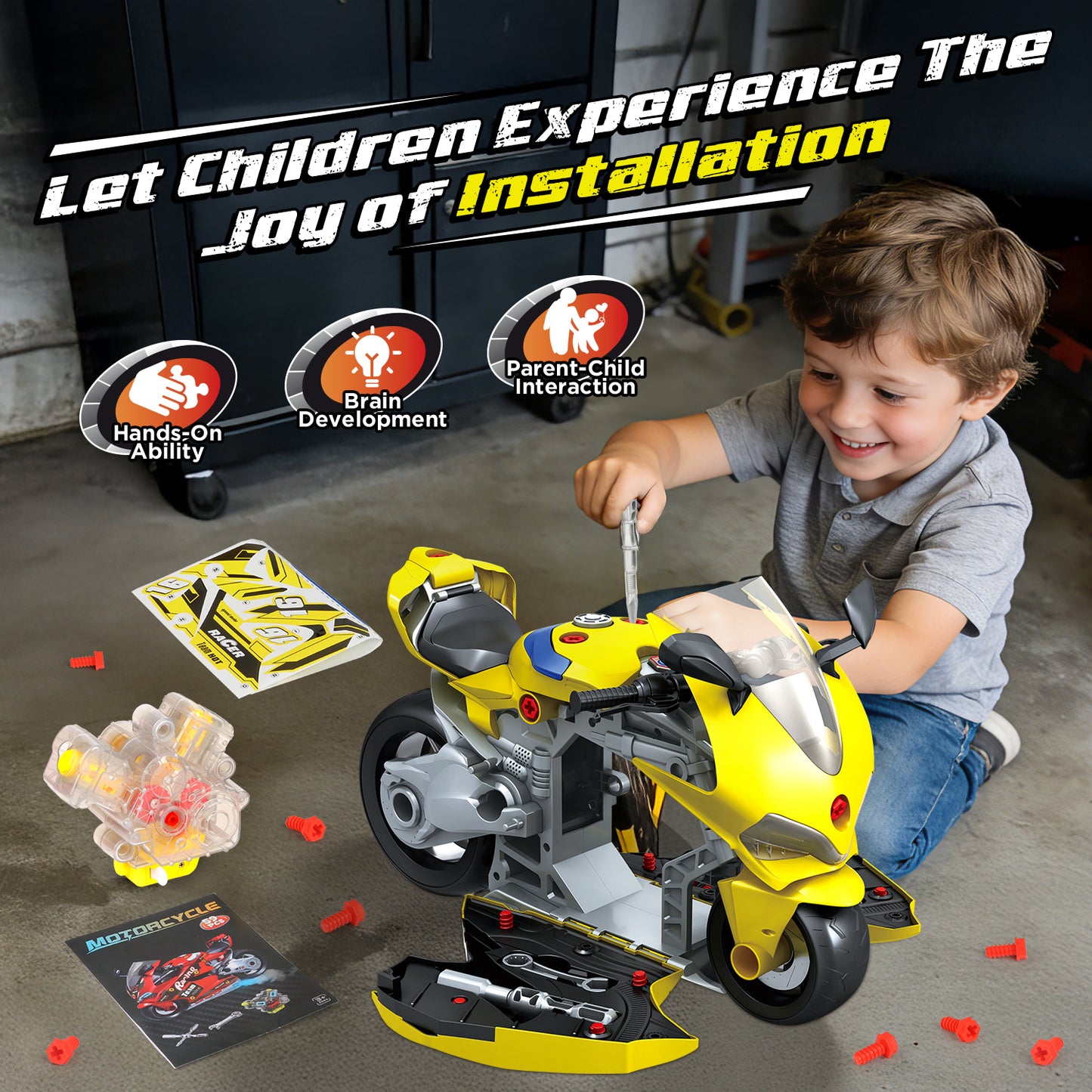UUSUOO Take Apart Motorcycle Toy,Motorcycle Toys for Kids 3-5,Interactive Toy Engine Building Kit with Light, Sound & Spray,STEM Educational Gift Toys for 3 4 5 6 7 Year Old Boys Girls,Yellow