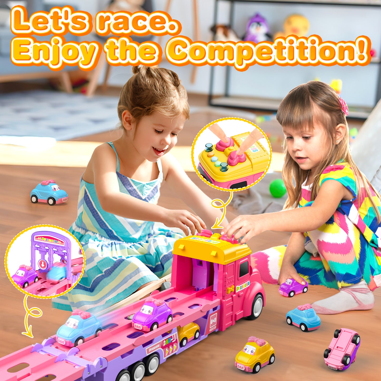 UUSUOO Truck Toys for Girls,9 IN 1 Pink Princess Toys Carrier Truck Race Track Toys for Kids,Foldable Transport Truck with Lights & Music,Christmas Birthday Toys Gift for Girls 3 4 5 6+