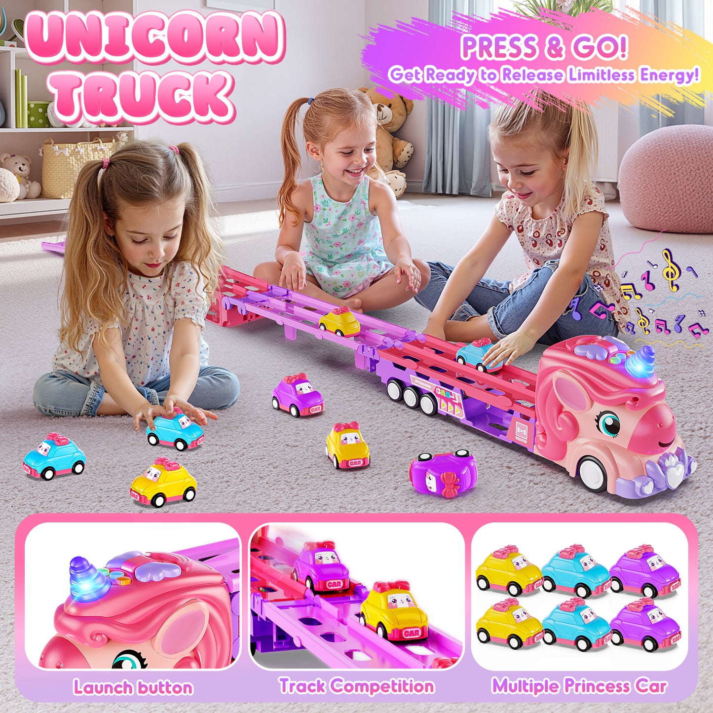 UUSUOO Unicorn Truck Toys for 3 -6 Years Old,7-In-1 Pink Unicorn Foldable Transport Carrier Truck with Lights and Music W/6 Princess Cars,Birthday Gifts for 3 4 5 6 + Years Old Boys Girls