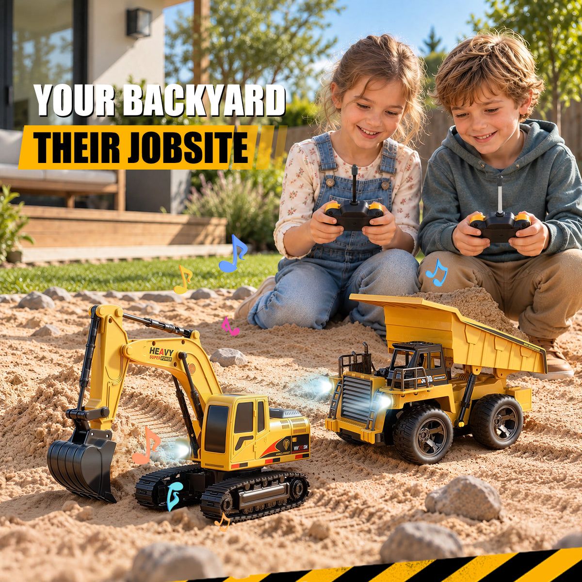 UUSUOO Remote Control Excavator and Dump Truck Toy for Kids, 2.4GHz RC Construction Vehicles with Lights & Sounds, Rechargeable Construction Toys, Birthday Gift for Kids Ages 3+
