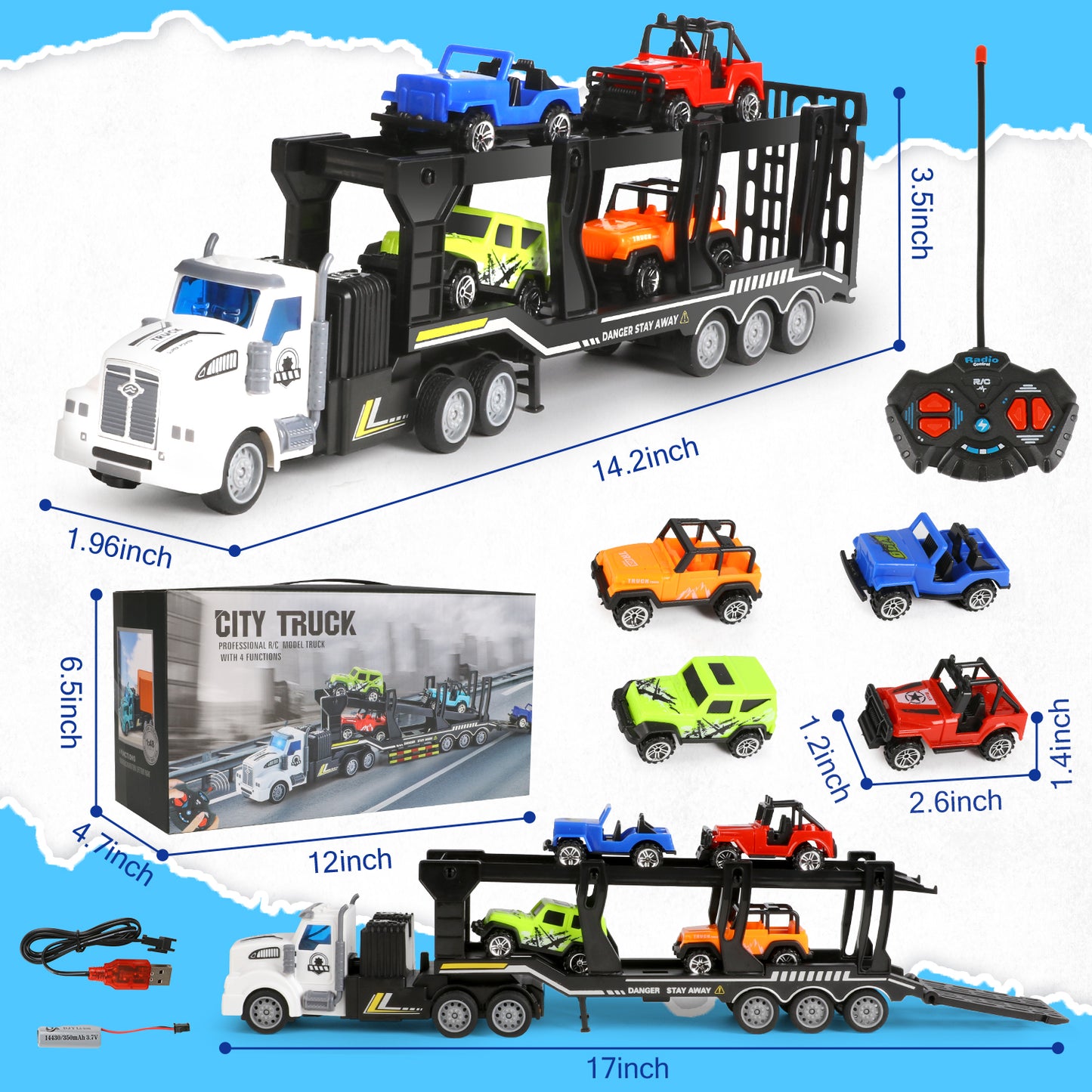 UUSUOO Truck Toys for Boys 3-6 Years,14" 1:48 Toddler Trucks Semi Truck Trailer Toys with 4 Cars,Transport Car Carrier Truck Toys with Lights & Sounds,Cars Toys Gift for Age 3 4 5 6+ Years Old Kids