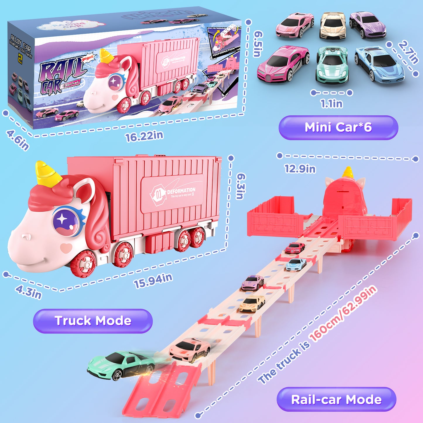 UUSUOO Toy Trucks for Boys Girls 3-6 Years,Pink Unicorn Foldable Transport Carrier Truck W/6 Race Cars,Christmas Birthday Gifts for 3 4 5 6 + Years Old Boys Girls