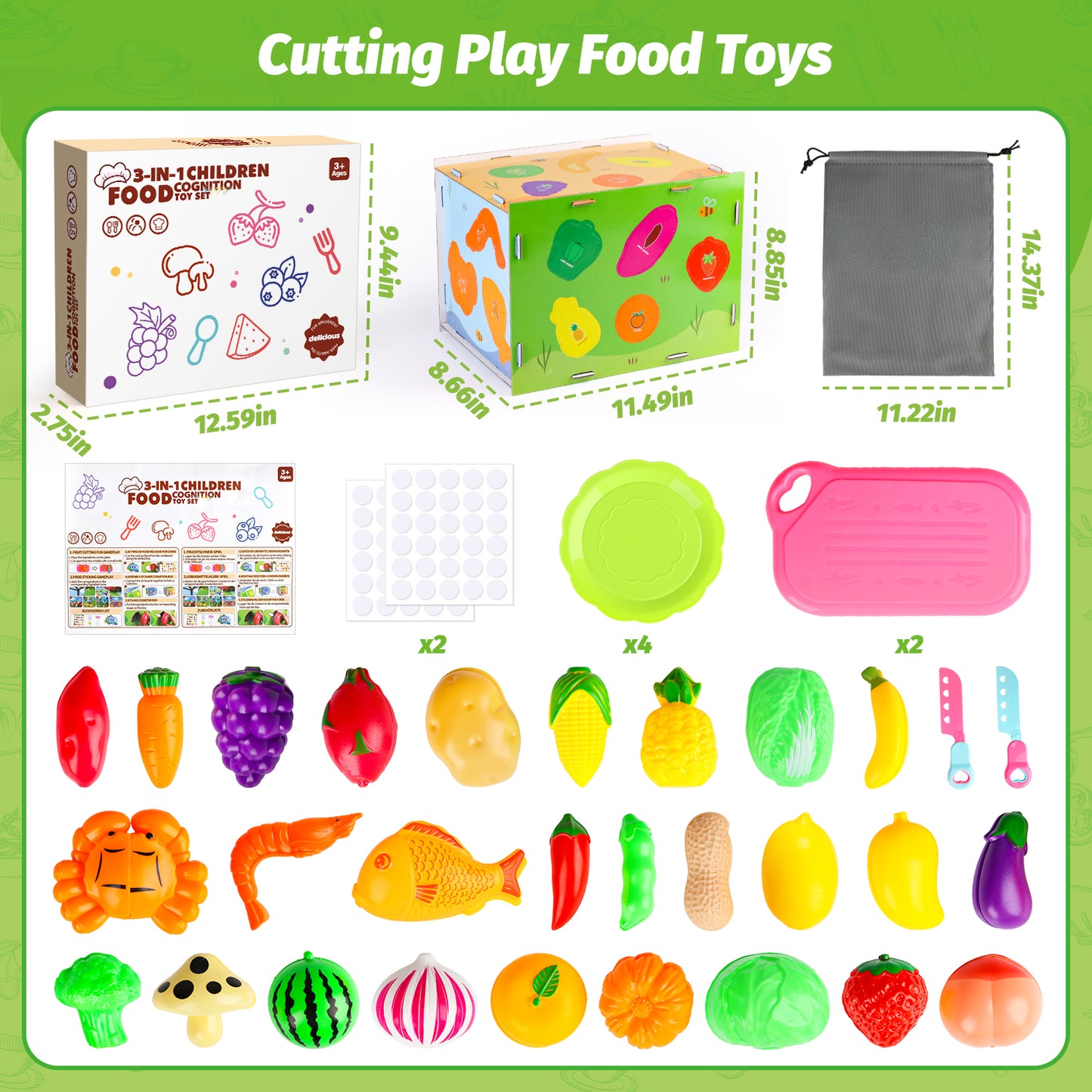 UUSUOO 3-in-1 Cutting Play Food Set,Pretend Play Kitchen Playset with Fake Food for Kids Toddlers,Pretend Food Toys,Play Kitchen Toys Accessories,Best Cooking Toys Christmas Gifts for Kids 3-6