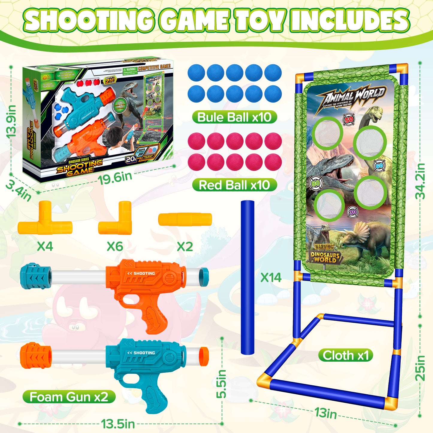 UUSUOO Shooting Game Toys for Kids,Dinosaur Shooting Target with 2 Air Toy Blasters & 20 Foam Balls, Indoor & Outdoor Christmas Birthday Gifts for Boys Girls Age 6 7 8 9 +
