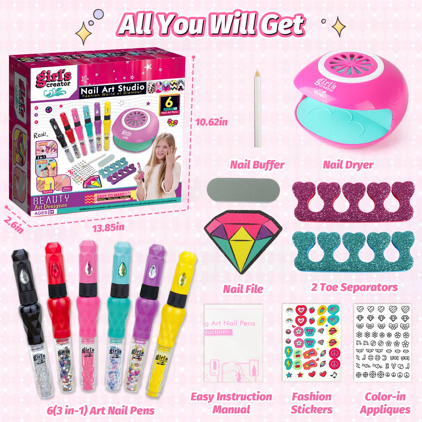 UUSUOO Kids Nail Polish Set for Girls, Nail Art Kit with 3-in-1 Nail Pen,Nail Dryer,Nail Polish, Nail Kit for Girls Ages 7-12, Kid Manicure Nails Kit Birthday Girl Gift age 3-12