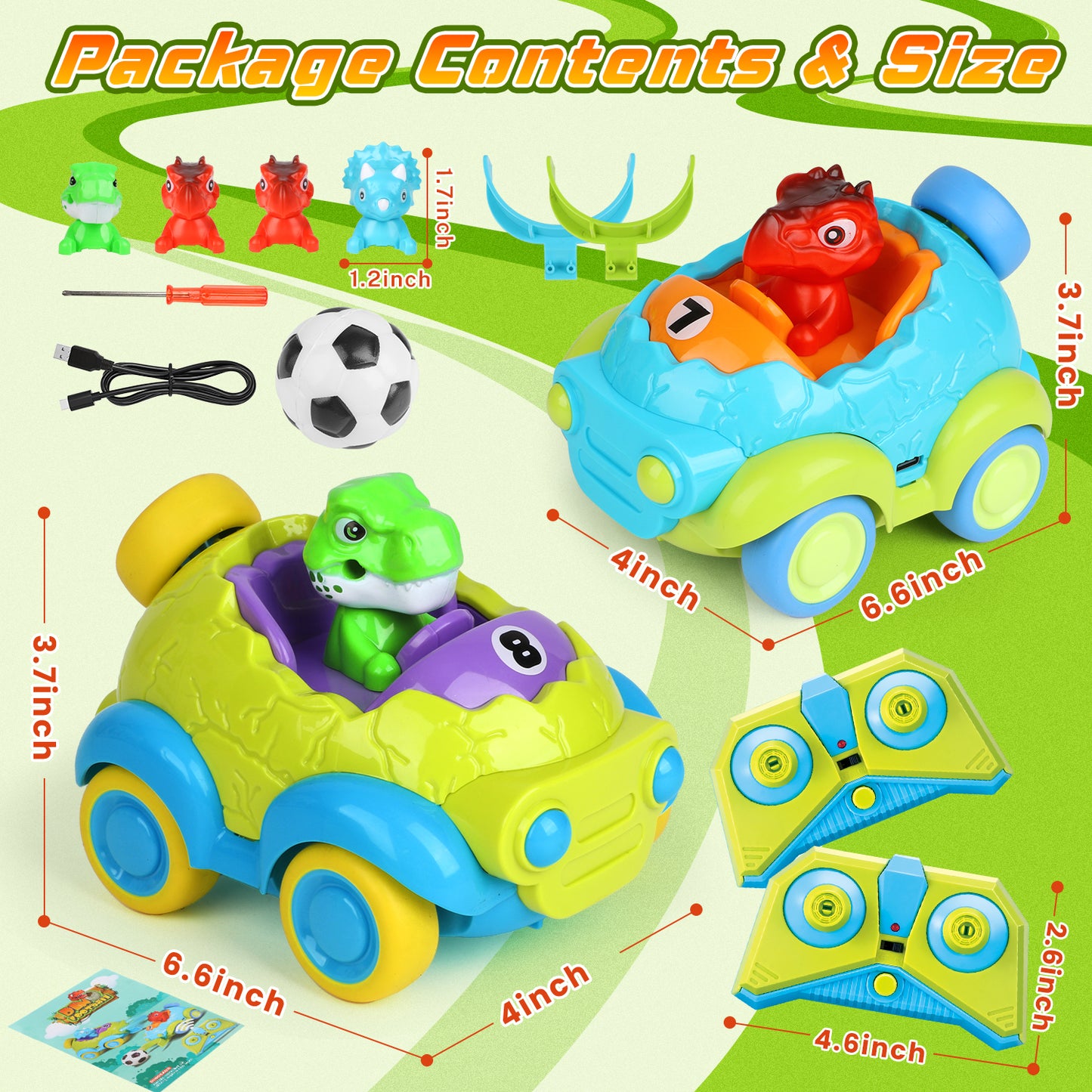 UUSUOO Dinosaur Remote Control Car for Toddlers,2 Pack Rechargeable RC Cars for Kids 3-5 with LED Lights & Music & Soccer Ball,Dinosaur Toys for Ages 2-4, Christmas Birthday Gift for Boys Girls