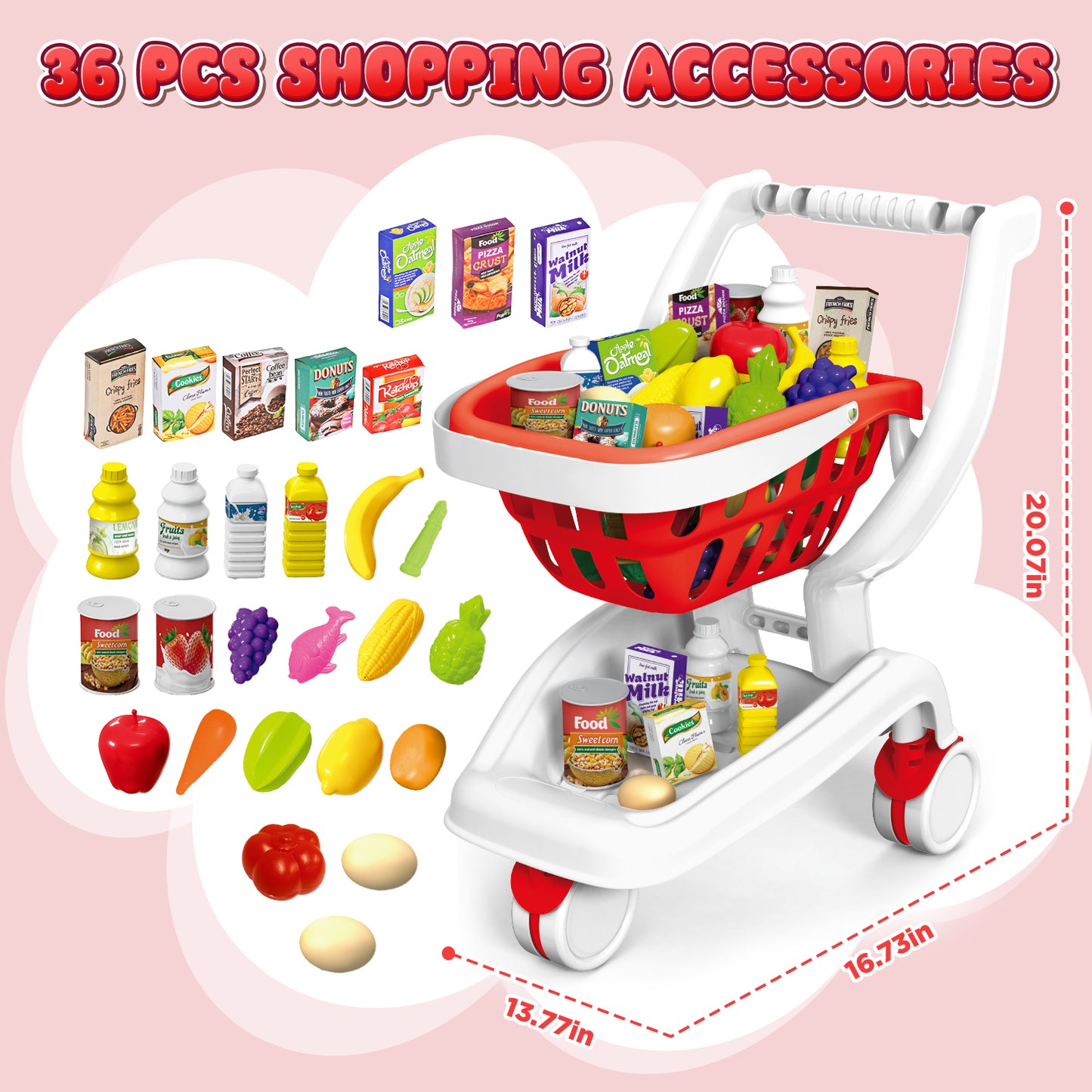 UUSUOO 36Pcs Shopping Cart for Kids,Toy Shopping Cart with Play Food Fruit Vegetable and Shop Accessories,Pretend Play Grocery Store Toys for Toddlers Age 3-6 ,Red