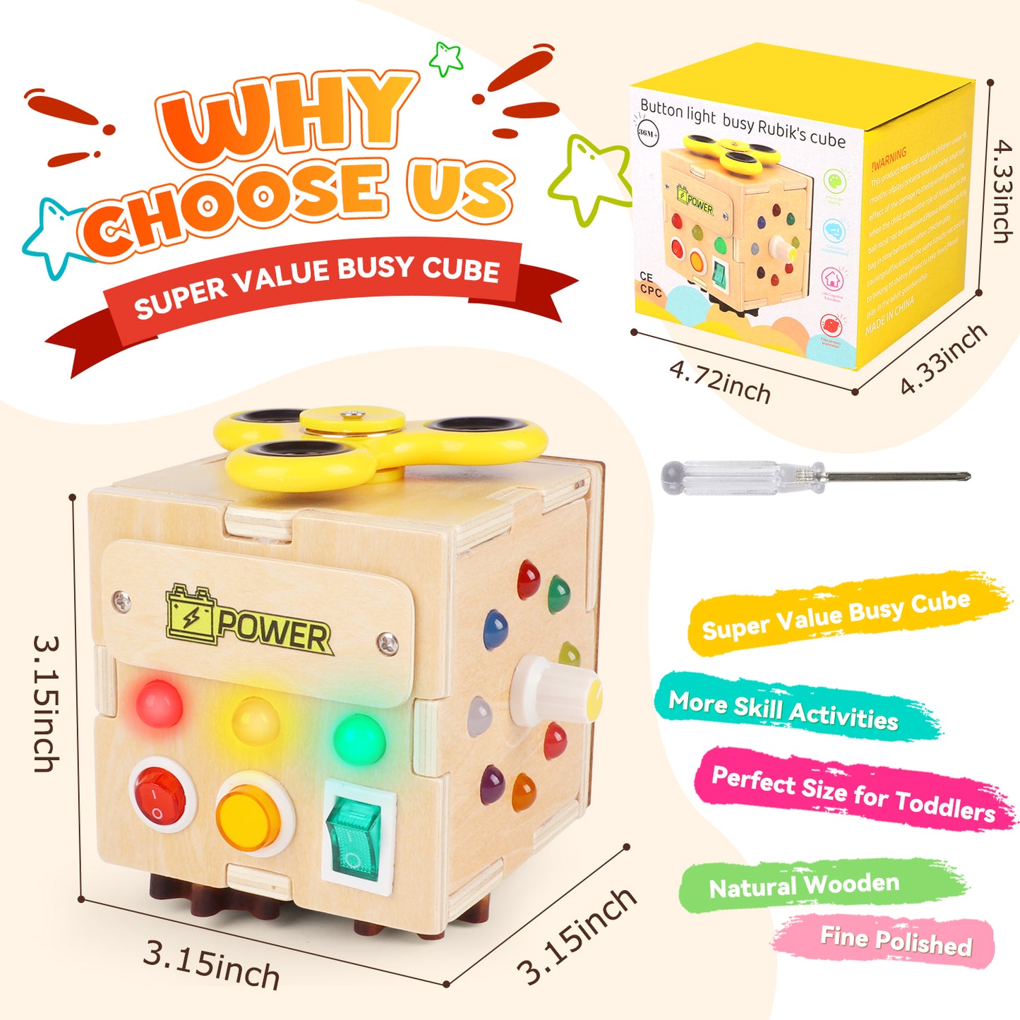 UUSUOO Busy Board with Led Light,Wooden Sensory Toys for Toddlers Boys Ages 1 2 3 Years Old, Educational Wooden Activity Cube,Travel Toys for 2 3 4 + Year Old Boys & Girls Birthday Gift