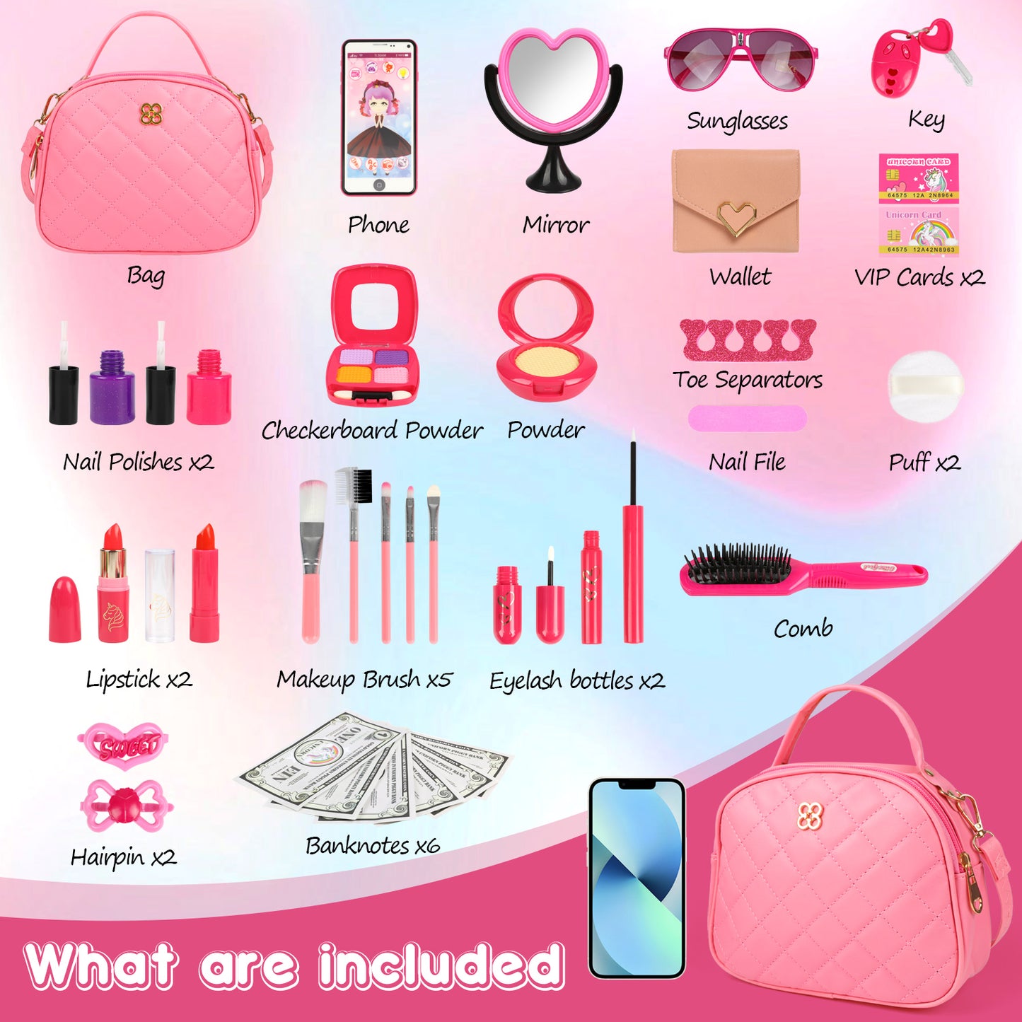 UUSUOO Play Purse Toy for Girls,34PCS Toddler Purse Set with Pretend Makeup for Little Girls,Princess Toys Includes Handbag,Phone,Wallet,Keys,Kids Purse Christmas Birthday Gift for Kids Girls